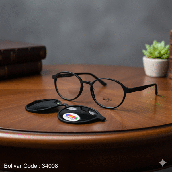 34008-3 Stylish BOLIVAR Rafale Eyeglasses with Clip-on Sunglasses – SO TRC-190 Round Full Rim Frame for Men & Women
